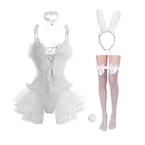 CR ROLECOS Bunny Kostüm Erotische Unterwäsche Damen Hasenkostüm Bunny Girl Cosplay Plüsch Kaninchen Set für Weihnachtstag Halloween Party Weiß