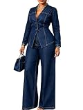Meileafal Denim Two Piece Set Long Sleeve V-Neck Top and Jeans Pants Matching Casual Outfit
