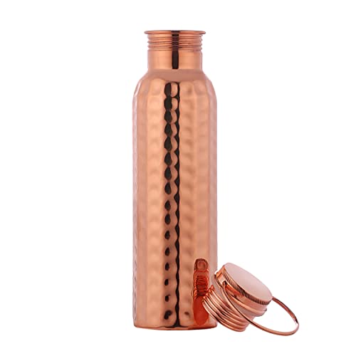 HealthGoodsIn - Pure Copper (99.74%) Hammered Water Bottle with Carrying Handle 600 Ml (20.28 Fluid Ounce) | Seamless Leakproof Water Bottle for Ayurvedic Benefits