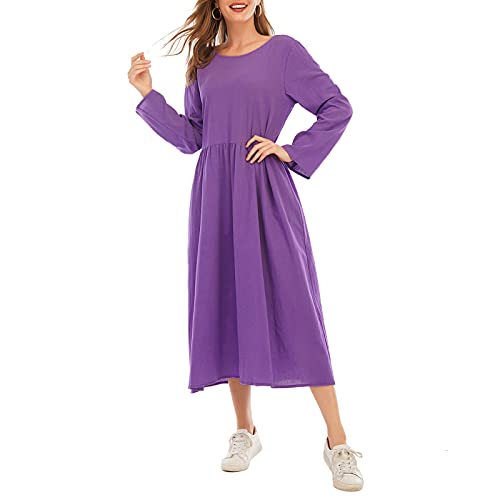 Vestido feminino solto de manga comprida com bolsos vintage plus size vestido casual Boho de férias
