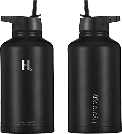 H2 Hydrology Sport Water Bottle 3 Lids (Straw Lid & Spout Lid) | Double Wall Vacuum Insulated Stainless Steel Wide Mouth | Sports Hot & Cold Leak Proof Sweat Free Thermos (64 Oz, Black) #TOP1