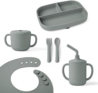 Ergobaby Kindergeschirr-Set Deluxe für Babys und Kleinkinder ab 6 Monaten, Baby Geschirrset mit 2 Bechern, Tablett, Lätzchen und Besteck, ohne BPA, PVC und Phthalaten, Sage Green
