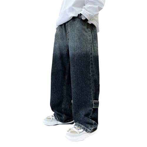 Boys Baggy Wide Leg Jeans Elastic Waist Colour Block Streetwear Teens Kids Relaxed Fit Denim Pants