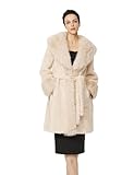 BEAUTELICATE Abrigo de piel sintética para mujer, largo y cálido, abrigo de invierno con cuello vuelto, chaqueta de piel sintética con cinturón, chaqueta de invierno con bolsillos, color liso, beige