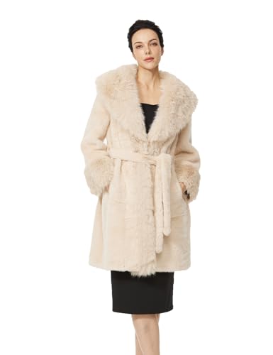 BEAUTELICATE Abrigo de piel sintética para mujer, largo y cálido, abrigo de invierno con cuello vuelto, chaqueta de piel sintética con cinturón, chaqueta de invierno con bolsillos, color liso, beige