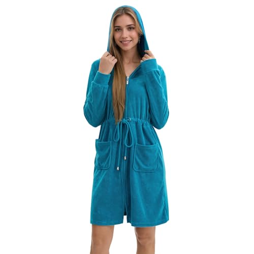 Women Terry Cloth Zipper Robe Zip Up Bathrobes with Pockets Hooded Cotton Housecoat Nightgown Loungewear Sleepwear2