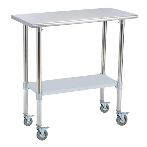 Stainless Steel Work Table 36 x 18 Inches with Caster Wheels, Commercial Kitchen Prep Table with Adjustable Undershelf, Stainless Steel Table with Wheels for Restaurant, Home, Hotel.