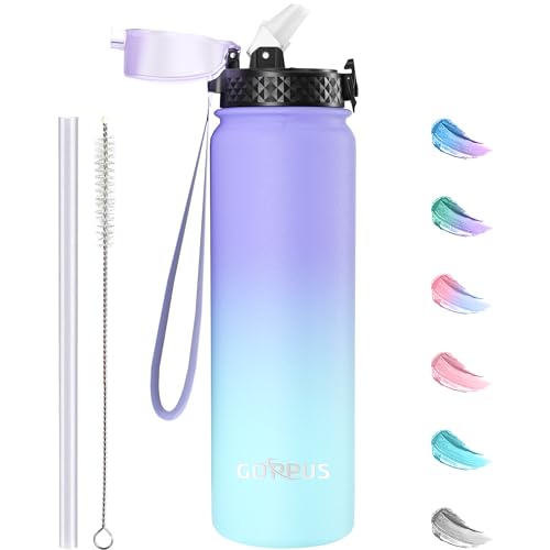 GOPPUS 1L/32oz Thermosflasche mit Strohhalm Doppelschicht Edelstahl Trinkflasche 1 Liter Isolierflasche Auslaufsicher Sport Wasserflasche Kohlensäure Water Bottle Trinkflaschen BPA-frei Wasser Flasche
