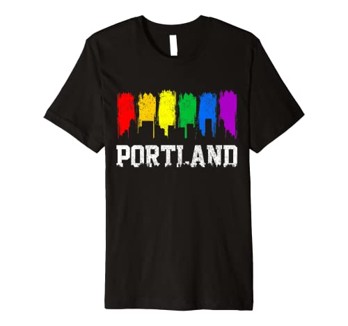 318dJrUuH+L._SL500_ Portland Skyline Oregon Rainbow LGBTQ Gay Pride Month Gift Premium T-Shirt