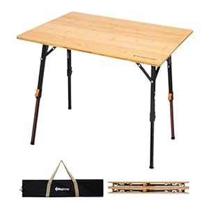 KingCamp Bamboo Folding Table with Visual Adjustable Height Aluminum Scale Legs,Portable Outdoor Camping table with Carry Bag Roll Up Table Top Camp Tables for Picnic, Party, Beach,Indoor