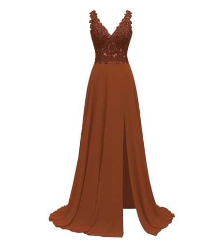 Women's Bridesmaid Dresses Long Chiffon Slit Semi Formal Dresses V-Neck Backless A-Line Evening Gowns for Wedding