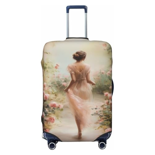 Romantic Woman Walking Through Roses Garden Elastic Travel Luggage Covers Dustproof Scratch-Resistant Suitcase Protector Fit 22-24 Inch