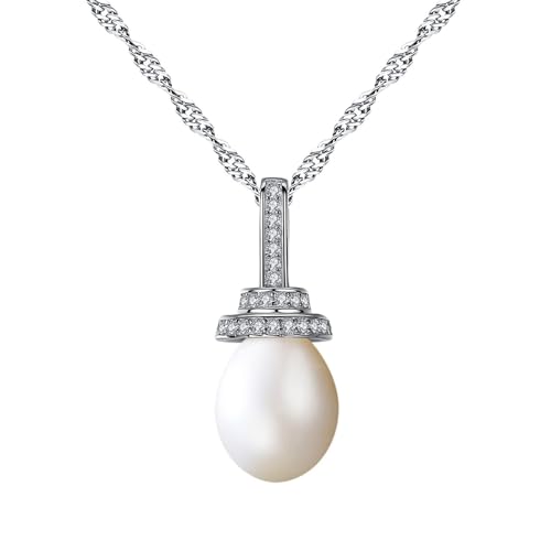Collier en argent 925 avec pendentif perle scintillante et oxyde de zirconium anti-ternissement