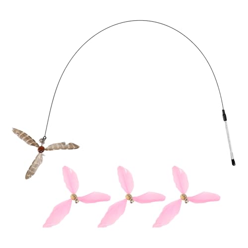 CAPASTEC ねこじゃらし 猫じゃらし 猫 オモチャ 羽 鈴 猫用玩具 鳥毛 風車調 交換用羽根 3枚セット ストレス解消 頑丈 運動不足とストレス解消 釣り竿付き ダークブラウン+ピンク