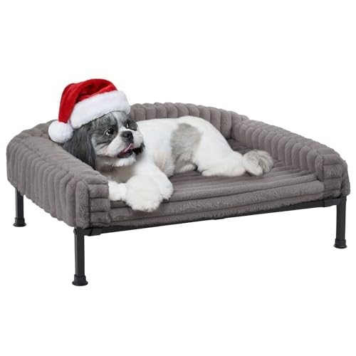 Veehoo Elevated Dog Bed with Bolster Cushion, Fluffy Plush Dog Couch Beds for Small Dogs, Cats, Washable Raised Pet Cot with Non-Slip Feet for Indoor or Patios Use, 30 x 20 Inches, Grey