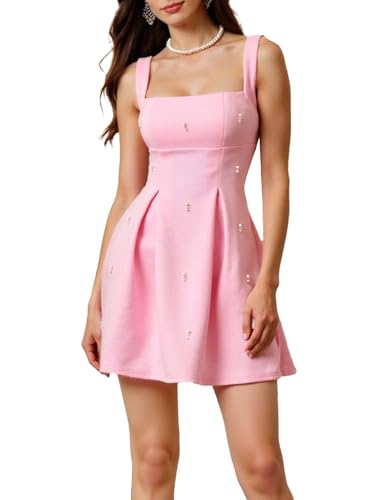 winkbay Women's Pearl Square Neck Mini Dress Sleeveless A Line Going Out Dresses Pink Large