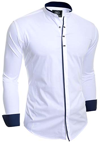 D&R Fashion Herren Hemd Elegantes langärmliges Stehkragen Metall-Druckknöpfe Baumwolle Weiß Cover