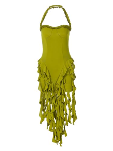 Image of Women's Sexy Fringe Ruffle Halter Neck Off Shoulder Bodycon Blackless Ruched Tassel Hem Mini Flowy Dress
