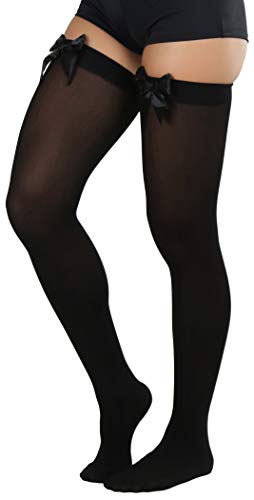 Image of ToBeInStyle Women's Opaque Long Thigh High Stockings w /Decorative Front Satin Bow