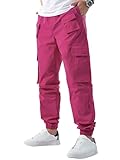 OYOANGLE Men's Drawstring Waist Flap Pocket Jogger Cargo Pants Streetwear Long Trousers with Pocket Hot Pink L