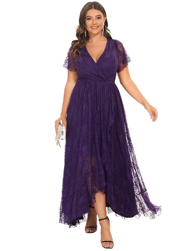 Ever-Pretty Plus Women's V Neck Ruffles Sleeves Lace Summer Mother of The Bride Dresses Plus Size Semi Formal Dress 01489-DA