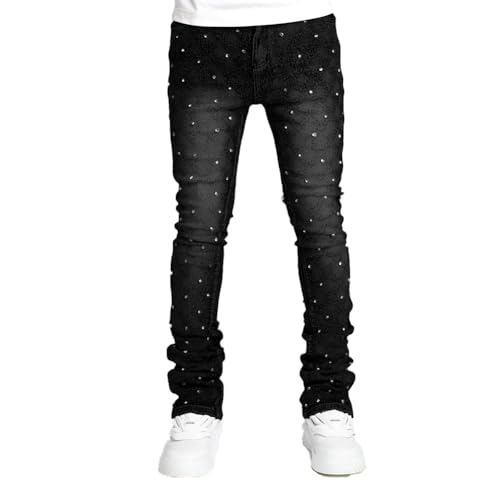 Men Ripped Stacked Denim Pants Skinny Fit Acid Wash Jeans Streetwear