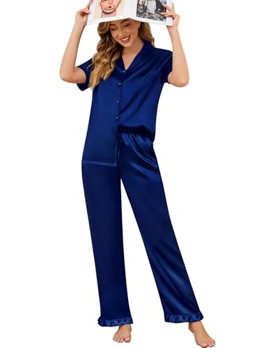 Image of SWOMOG Women Satin Pajamas Set Short Sleeve Top & Pants Sleepwear Silky Button Down Nightwear 2pcs Loungewear Pjs Set