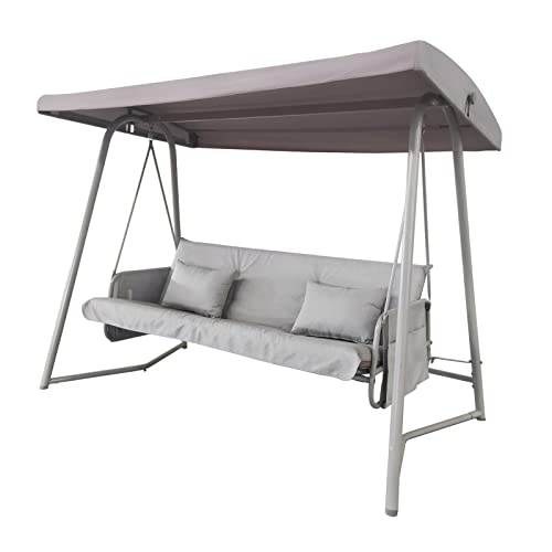 Outdoor Patio 3-Seater Swing Chair Weather Resistant Steel Frame Swing Bed W/Cushion&Adjustable Canopy Champagne Color #TOP10
