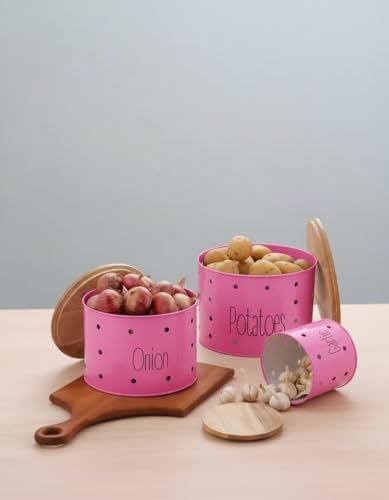 Image of Set of 3 Potato Onion & Garlic Storage Container For Kitchen | Storage Container For Kitchen Storage with Lid. (Pink)