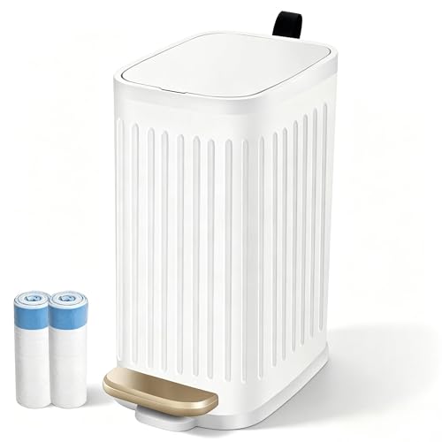 Image of Slim Bathroom Trash Can with Lid Soft Close Odor Filter&Step Pedal, 5L /1.3 Gallon Stainless Steel Small Garbage Can Inner Bucket,Slim Metal Wastebasket-Narrow Bedroom, Office, Kitchen,White