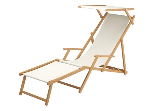 Erst-Holz Chaise Longue de Jardin en Bois Naturel, Toile Blanc avec Repose-Pieds et Pare-Soleil 10-303NFS