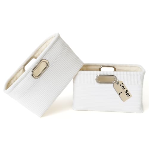Juego de 2 cajas de almacenamiento (L) de tela de pana – Cesta plegable en color blanco – Organizador para cambiador, armario, habitación de los niños y juguetes – Cajas de tela de alta calidad para