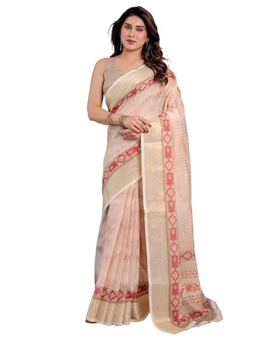 Image of ALMAARI FASHION Handloom Cotton Linen Saree for Women with Floral Printed Design and Tassel Pallu, Traditional Ethnic Lightweight Saree for Daily Office Festive with Blouse Piece