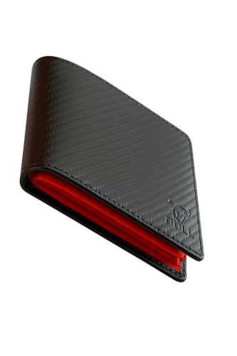 Premium Handmade Leather Wallets for Men – Slim Bifold, RFID Blocking, YKK Excella Zipper (Full-Grain Leather, Carbon Fiber Black Exterior/Orange Interior)