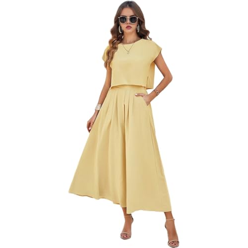 Paaruter Conjunto de Falda de Verano para Mujer, 2 Piezas, Top de Corta, Cintura Elástica, Vestido con Bolsillos, Amarillo, Talla S
