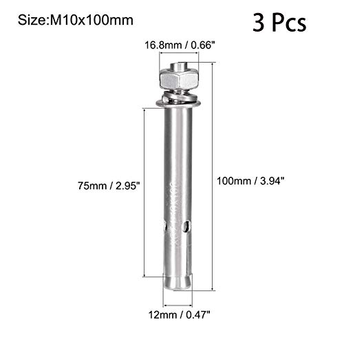 Image of 3 Pcs M10 x 100mm 304 Stainless Steel Expansion Bolt External Hex Expansion Screw Bolt Sleeve Anchor,Pool Safety Cover Expansion Bolts,for Concrete