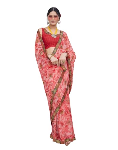 Sari georgette imprimé avec chemisier non cousu pour fête indienne