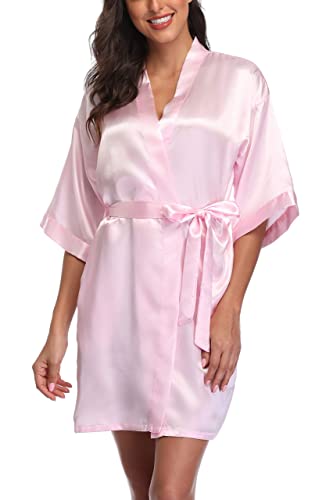 Laurel Snow Women's Satin Robes Bridesmaid Getting Ready Robe Soft Sleepwear Silky Short Kimono Bathrobe For Bridal Wedding Party Light Pink #TOP1