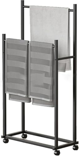 Elegante toallero de metal independiente con 2 niveles y ruedas resistentes al óxido para movilidad del baño, elegante soporte para toallas para una nización eficiente del espacio