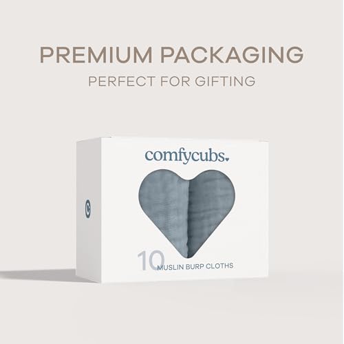 Comfy Cubs Muslin Burp Cloths 20" x 10", Pack of 10 - Large, 6-Layer, Ultra Absorbent 100% Cotton for Baby Drool and Messes - Soft, Safe & Gentle Baby Burp Cloths for Boys & Girls - Pacific Blue