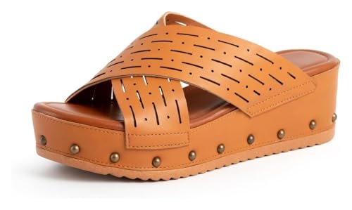 Women's Leather Studded Wedge Slide Sandals Fashion Open Toe Non-Slip Slip-On Platform Slippers For Outdoor Summer Beach Walking