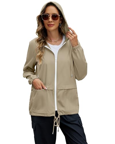 POGTMM Active Outdoor Waterproof Rain Jackets for Women Windbreak with Hood Lightweight Rain Coats, XXL, Beige - Thumbnail 4