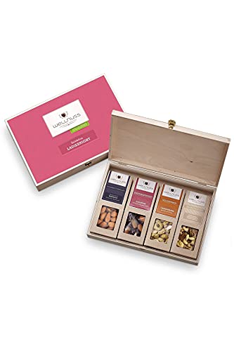 WELLNUSS ,,Ladiesnight Nussmischung“, Premium Knabberartikel inkl. Cashewkerne, Mandeln und Walnüsse, Feinkost Geschenk-Set für Frauen, außergewöhnliche Nüsse-Snacks in edler Birkenholzbox Cover
