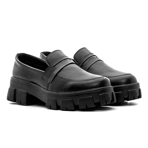 Sapato Mocassim Feminino Oxford Casual Solado Plataforma Tratorado Vintage - Preto/38