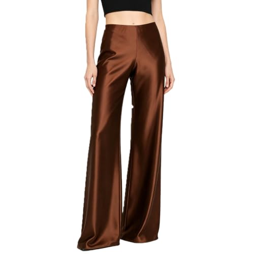 Pantalon large en satin fluide élégant à taille haute élastique pour femme