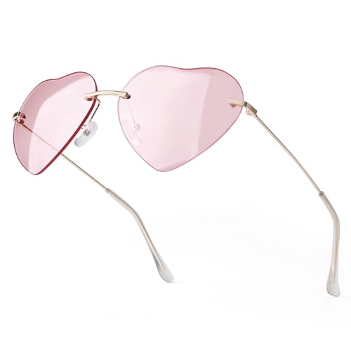 SDINM Rimless Heart Shaped Sunglasses for Women Men Party Glasses Disco Trendy Love Heart Glasses