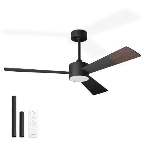 Noaton Ventilador de Techo con Mando a Distancia, Luz Ajustable, Ultra Silencioso, 6 Velocidades, Temporizador, 3 Palas, Negro/Madera oscura, Función Verano-Invierno, Ø132 cm, Varilla de extensión