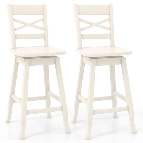 COSTWAY Butaco Altura de Mostrador 24 Pulgadas Juego de 2, Silla de Bar Giratoria de Madera de Caucho con Respaldo Inclinado, Asiento Curvado y Reposapiés, Silla de Barra para Isla de Cocina y Pub (2, Crema) miniatura 1