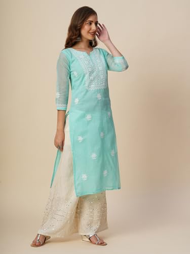 Image of RATAN Muga Cotton Straight Lucknowi Chikankari Ethnic Wear Kurta for Women