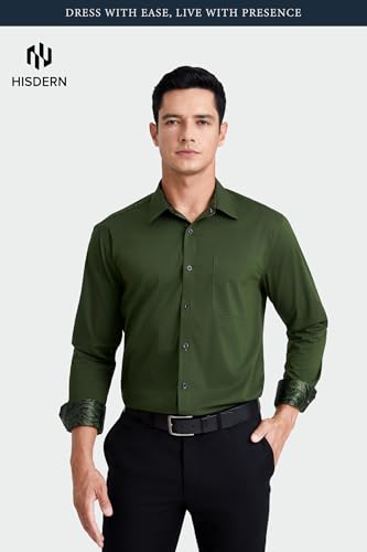 Image of HISDERN Mens Business Dress Shirts Long Sleeve Casual Button Down Shirt Formal Inner Collar Contrast Shirt for Men Wedding